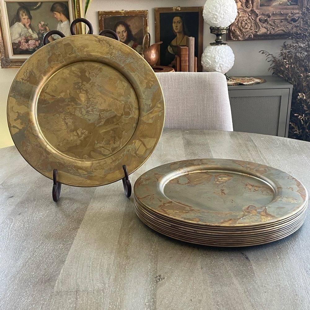 Martha Sturdy Spun brass Patina table charger or tray brass art decor designer